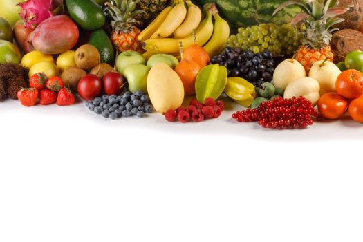 Fresh tropical fruits harvest pile isolated on white background with copy space for text