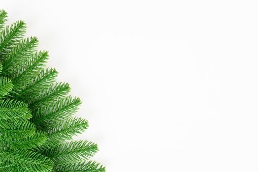 Happy new year or christmas day top view decorative fir tree on white background with copy space for your text