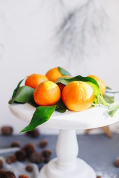 Orange tangerines on grey background in New Year's decor with brown pine cones and green leaves. Delicious sweet clementine. Christmas decoration with mandarins.