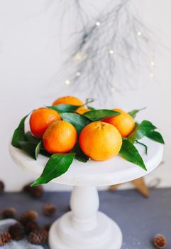 Orange tangerines on grey background in New Year's decor with brown pine cones and green leaves. Delicious sweet clementine. Christmas decoration with mandarins.