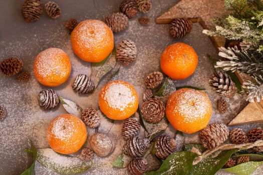 Orange tangerines on grey background in New Year's decor with brown pine cones and green leaves. Delicious sweet clementine. Christmas decoration with mandarins.