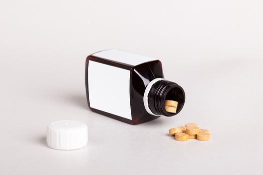 White pills box. Plastic bottles. Drugs box mock-up. Medical blank cardboard. Pills bottle. Mockup.