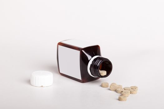 White pills box. Plastic bottles. Drugs box mock-up. Medical blank cardboard. Pills bottle. Mockup.