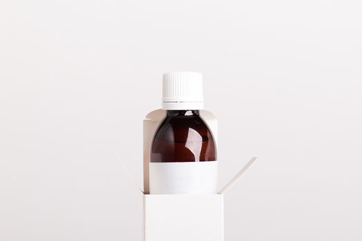 White pills box. Plastic bottles. Drugs box mock-up. Medical blank cardboard. Pills bottle. Mockup.