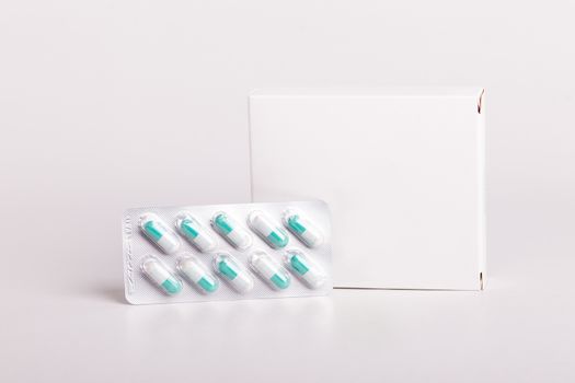 White pills box. Plastic bottles. Drugs box mock-up. Medical blank cardboard. Pills bottle. Mockup.