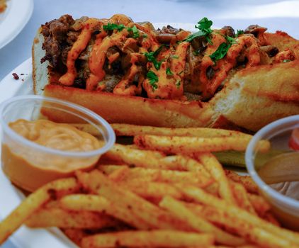 Beef Sandwich and Fries with Spices and Sauces