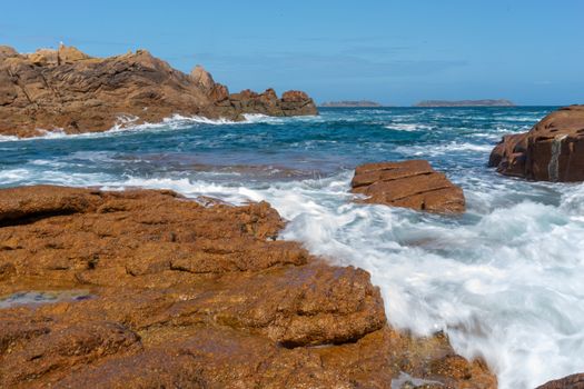 Rose granit sea shore in Britanny travel and hiking