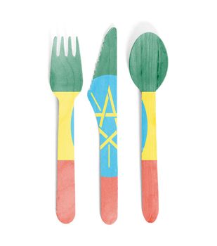 Eco friendly wooden cutlery - Plastic free concept - Isolated - Flag of Ethiopia