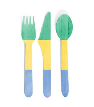 Eco friendly wooden cutlery - Plastic free concept - Isolated - Flag of Gabon