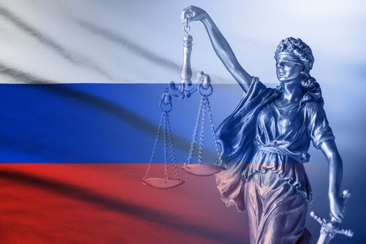 Russian flag with figure of Justice holding scales and a sword in a concept of the courts and law and order