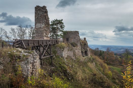 Zubstejn ruins of the castle built in the 13th century. It stands on a hill above the village Pivonice in Czech Republic. Overcast day