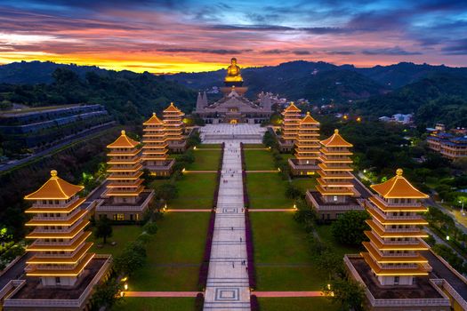 Sunset at Fo Guang Shan Buddha Temple in Kaohsiung, Taiwan.