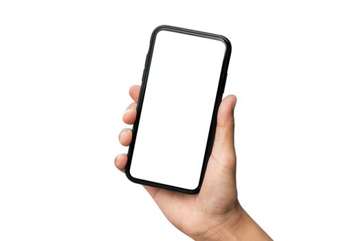 Hand holding smartphone isolated on white background.