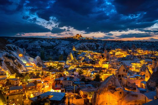 Goreme town at twilight in Cappadocia, Turkey.
