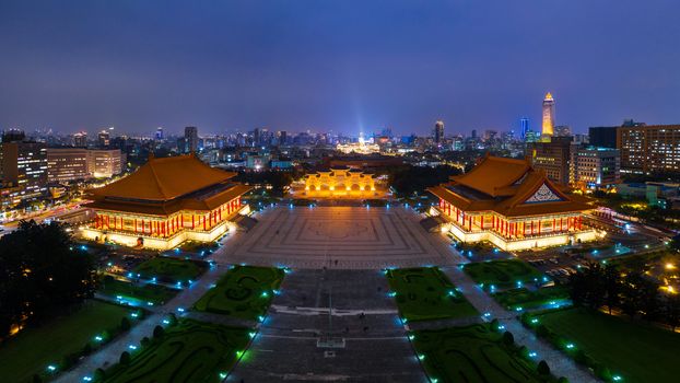 Aerial view of Chiang Kai Shek Memorial Hall at night in Taipei, Taiwan.