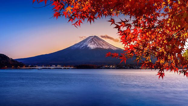 Fuji mountain and Kawaguchiko lake at sunset, Autumn seasons Fuji mountain at yamanachi in Japan.