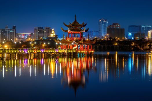 Wuliting pavilion at night. Kaohsiung's famous tourist attractions in Taiwan.