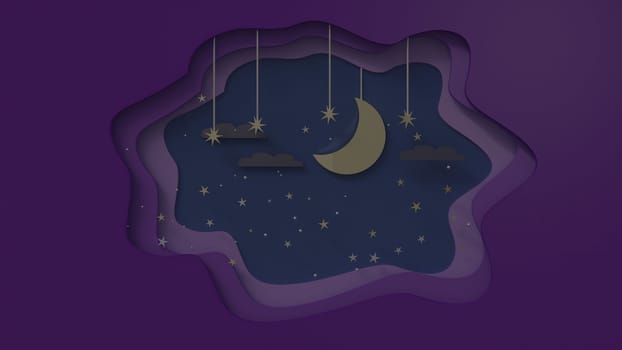 Freeform space looking through to see the night sky have a crescent moon and stars, 3d rendering  paper cut , Graphic 3d illustrator