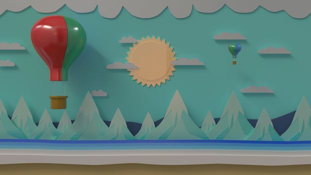 A balloon floats above the iceberg. Cloud and sun, 3D paper cutting, 3D graphic illustrator