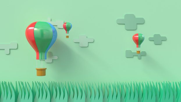 3d rendering , 3d illustrator,Balloon floating in the sky above the meadow, 3d rendering  paper cut , Graphic 3d illustrator