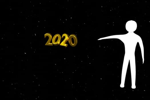 festive concept.White little man indicating the number 2020 on a starry background