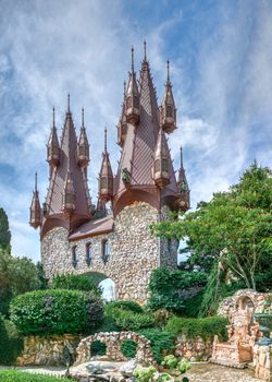 Ravadinovo, Bulgaria – 07.11.2019.  Castle towers in the entrance to the Ravadinovo castle, Bulgaria, on a summer sunny day