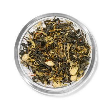 Green tea with aromatic additives. Top view on white background.