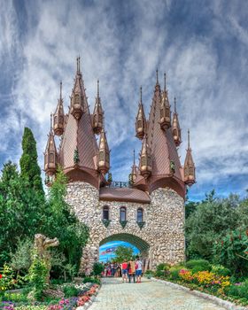 Ravadinovo, Bulgaria – 07.11.2019.  The main entrance to the castle In love with the wind in the village of Ravadinovo, Bulgaria, on a sunny summer day