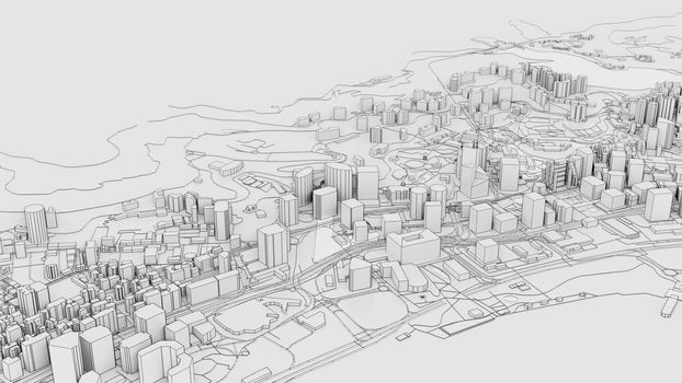 3D white city model. Outline 3D illustration. City with buildings, roads, spending and green areas. Aerial view. Construction concept