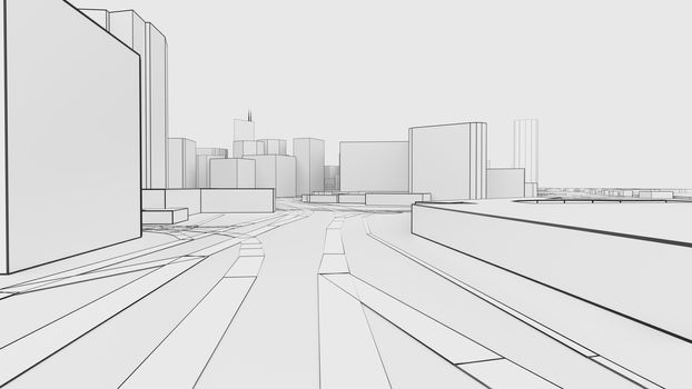 A schematic drawing or sketch of a 3D white city with buildings and roads. Outline style. 3D illustration. Construction industry concept