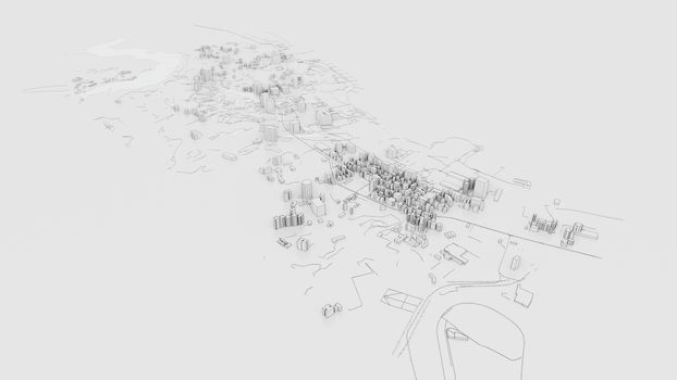 3D white city model. Outline 3D illustration. City with buildings, roads, spending and green areas. Aerial view. Construction concept