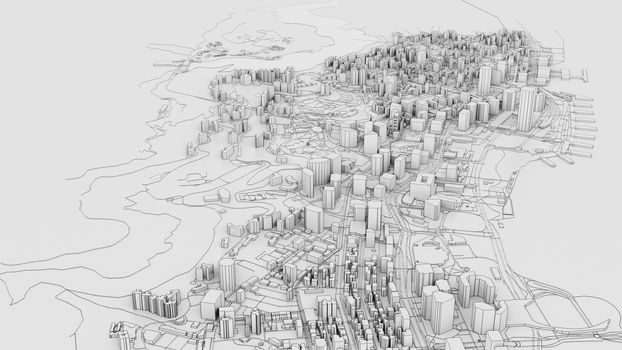 3D white city model. Outline 3D illustration. City with buildings, roads, spending and green areas. Aerial view. Construction concept