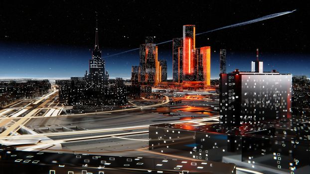 Futuristic glass city with luminous windows. Luminous roads and bright flashes between houses. Starry atmospheric sky with a flying airplane on the background. 3D illustration