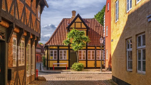Street and houses in medieval Ribe town, Denmark