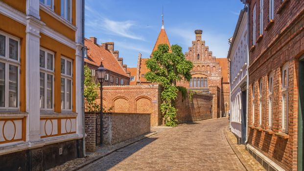 Street and houses in medieval Ribe town, Denmark