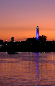 LIghthouse in Long Beach at Dusk with Reflection
