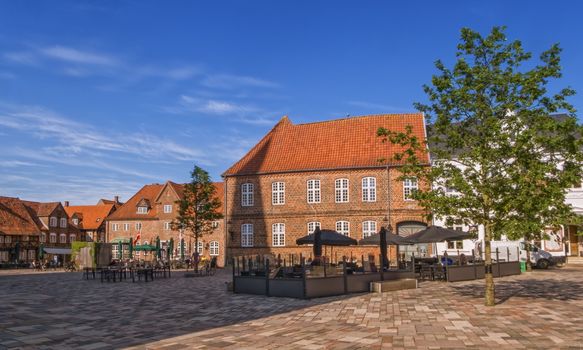 Our Lady Maria Cathedral square cafe restaurant in Ribe by beautiful day, Denmark