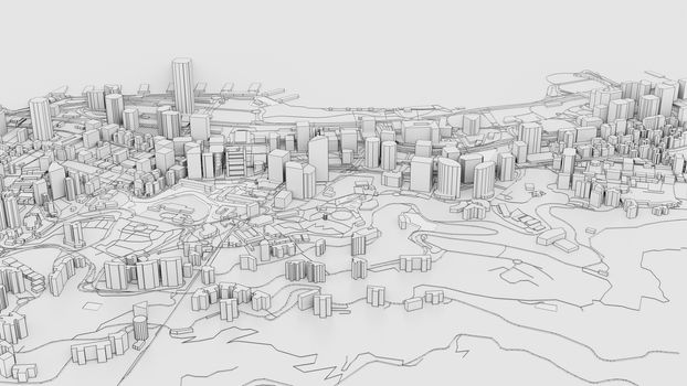 3D white city model. Outline 3D illustration. City with buildings, roads, spending and green areas. Aerial view. Construction concept