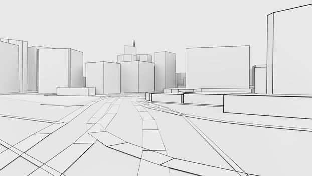 A schematic drawing or sketch of a 3D white city with buildings and roads. Outline style. 3D illustration. Construction industry concept