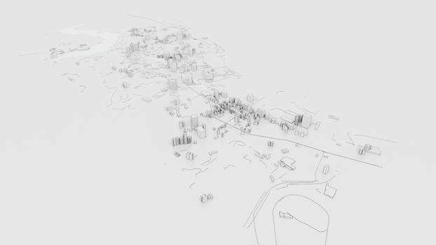 3D white city model. Outline 3D illustration. City with buildings, roads, spending and green areas. Aerial view. Construction concept