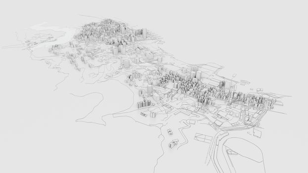 3D white city model. Outline 3D illustration. City with buildings, roads, spending and green areas. Aerial view. Construction concept