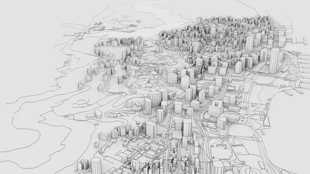 3D white city model. Outline 3D illustration. City with buildings, roads, spending and green areas. Aerial view. Construction concept