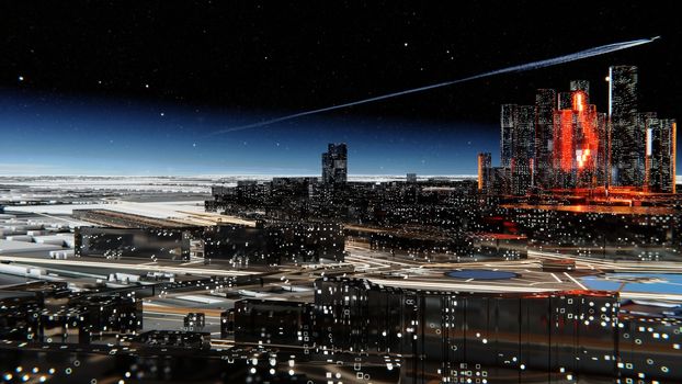 Futuristic glass city with luminous windows. Luminous roads and bright flashes between houses. Starry atmospheric sky with a flying airplane on the background. 3D illustration