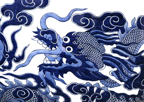 Chinese dragon painted on a ceramic vase with cobalt blue glaze