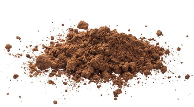 Pile cocoa powder isolated on white background with clipping path