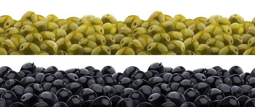 Heap of marinated olives seamless pattern isolated on white background. Heap of green and black olive