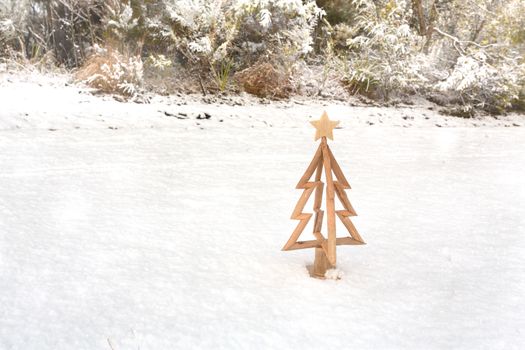 Little timber Christmas tree in fresh white snow