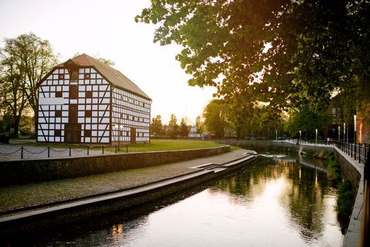 Small river in the city in spring