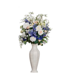 flowers in vase, white blue, retro white vase in cracks, isolated on white background