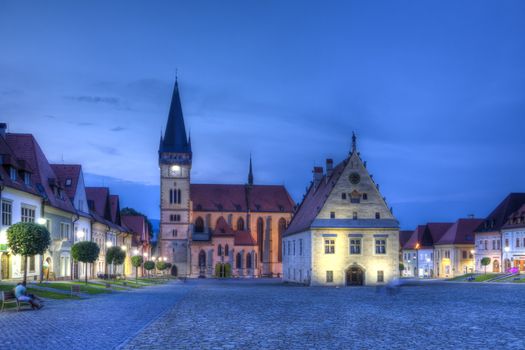 St. Egidius Basilica and city hall in old town square in Bardejov by night, Slovakia, hdr